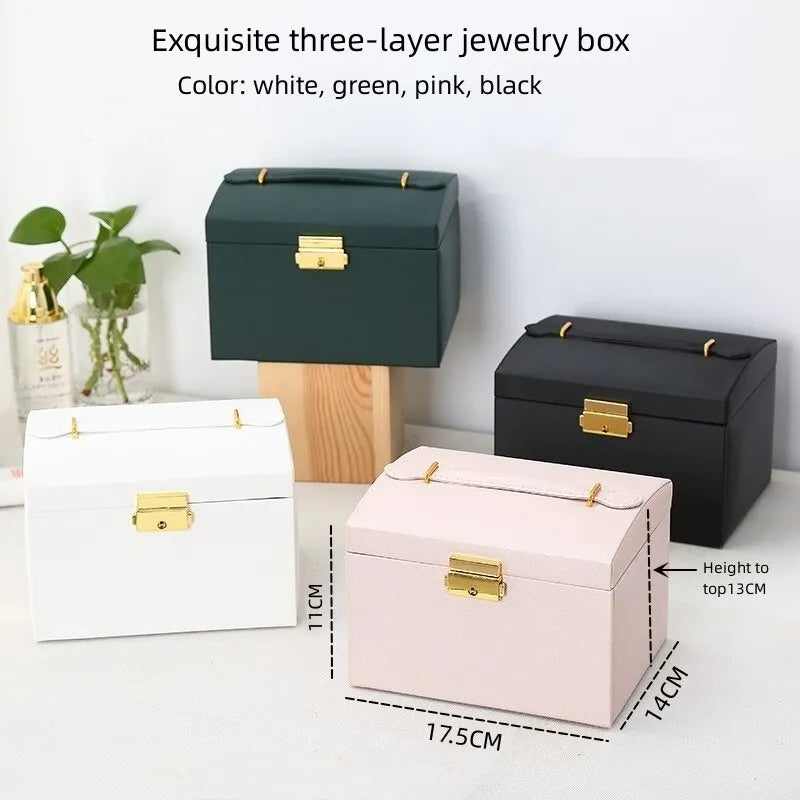 1pcs Multi Functional Three Layer Leather Drawer Style Jewelry Box Earrings Earrings Lock Jewelry Box-Masscheap