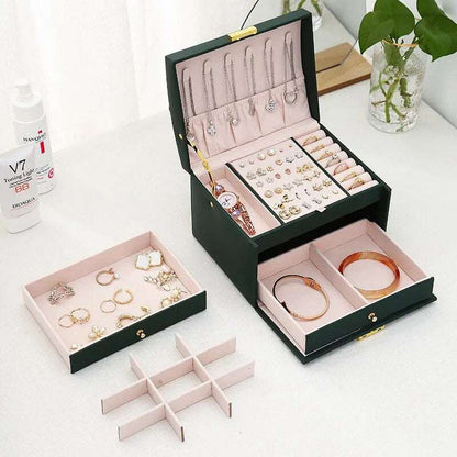 1pcs Multi Functional Three Layer Leather Drawer Style Jewelry Box Earrings Earrings Lock Jewelry Box-Masscheap