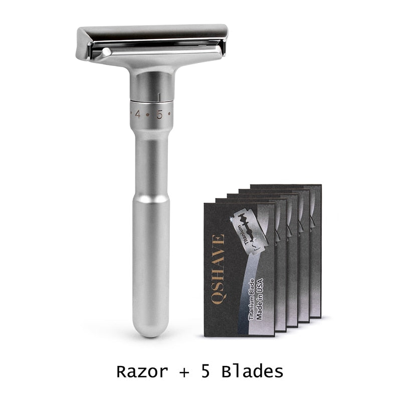 QSHAVE Adjustable Safety Razor Double Edge Classic Mens Shaving Mild to Aggressive 1-6 File Hair Removal Shaver it with 5 Blades-Masscheap