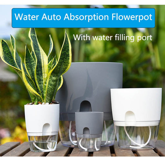 Transparent Double Layer Plastic Flower Pot Self Watering Flowerpot Cotton Rope Watering Planter with Injection Port-Masscheap