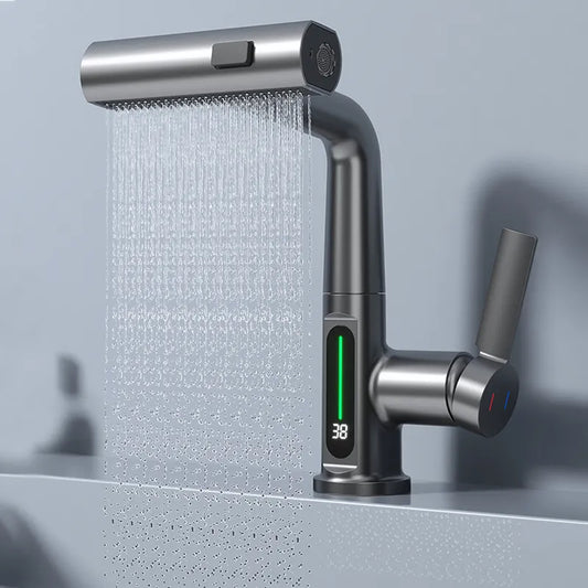 Waterfall Temperature Digital Display Basin Faucet Lift Up Down Stream Sprayer Hot Cold Water Sink Mixer Wash Tap For Bathroom-Masscheap