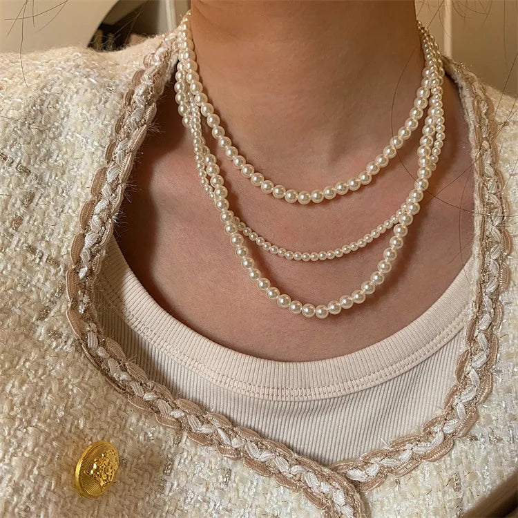 1PC Elegant Multilayer Pearl Necklace For Women Vintage Fashion Party Wedding Statement Necklace Collar Jewelry Girls Gift-Masscheap