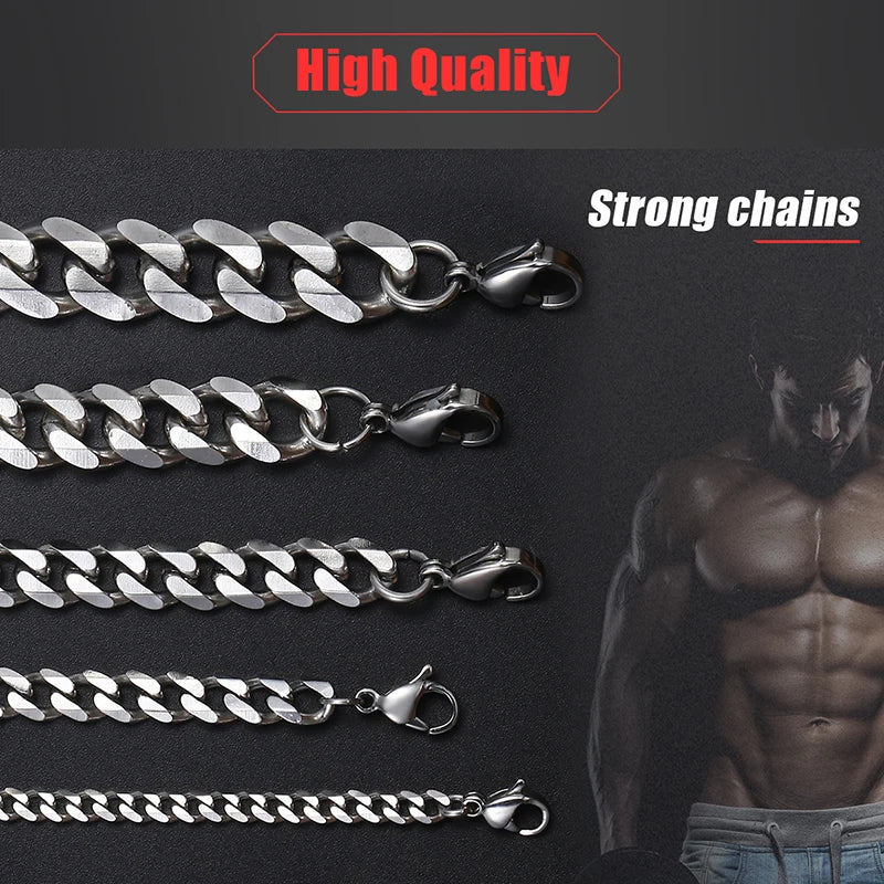 3-11mm Men’s Curb Chain Necklace Silver Color Stainless
