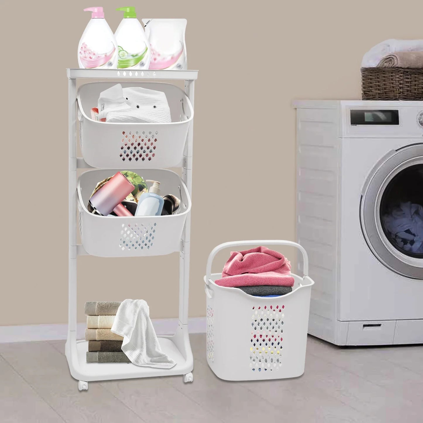 3-Layer Laundry Basket with Wheels Clothes Storage Basket