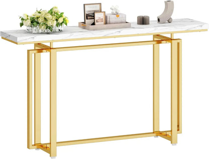 55’’ Gold Console Table Marble Pattern Top Entry Table