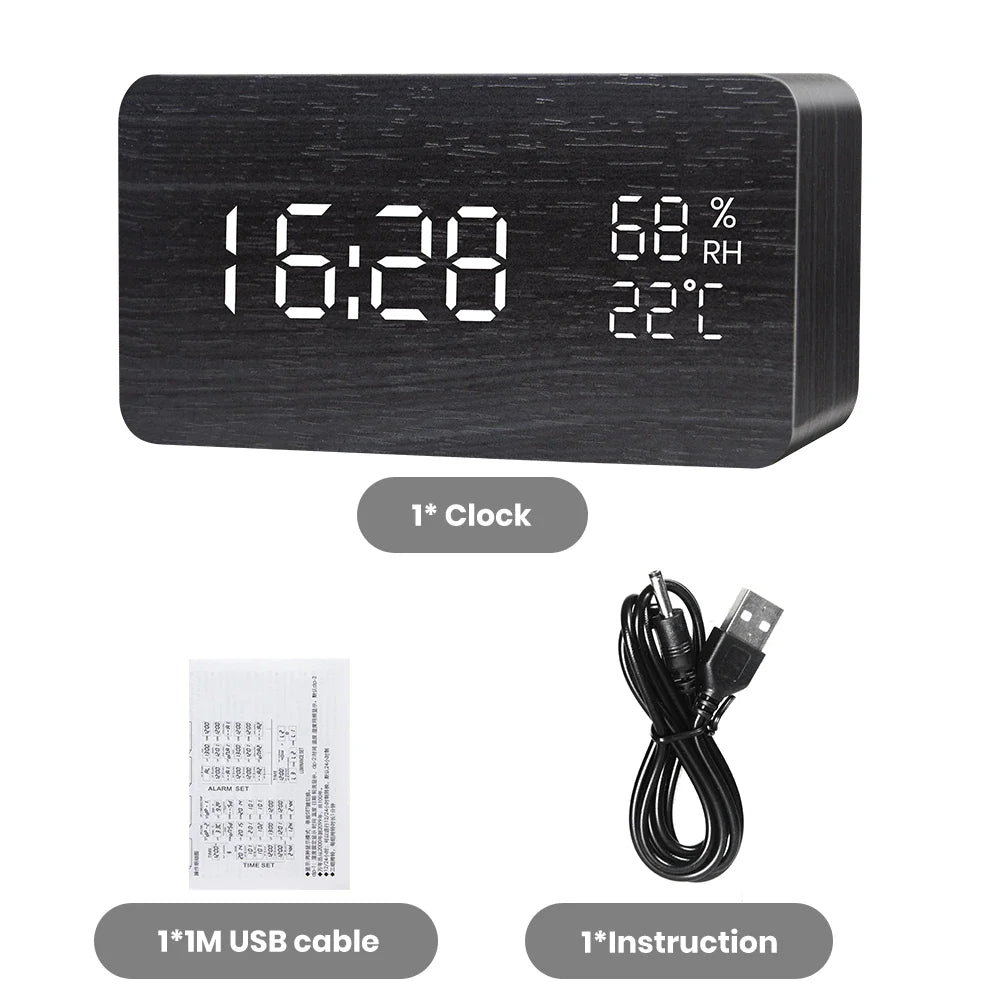 Alarm Clock LED Digital Wooden USB/AAA Powered Table Watch