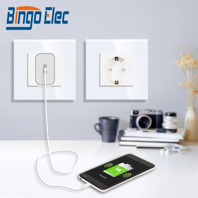 Bingoelec EU Standard 16A Wall Socket White Black Single