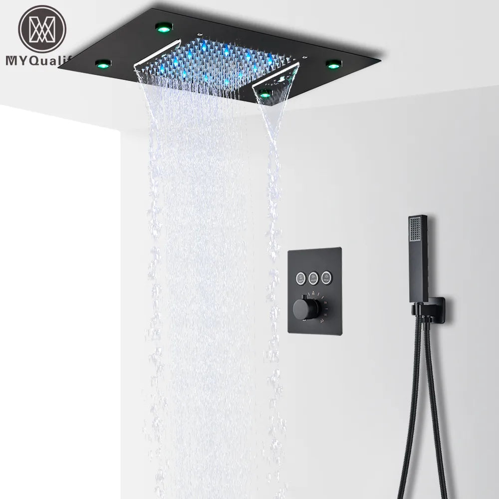 Black LED Thermostatic Bathroom Shower Faucet Set Rain