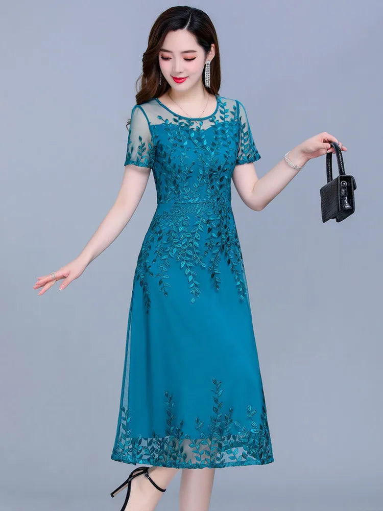 Blue Casual Chiffon Mesh Korean Long Dress Summer Women