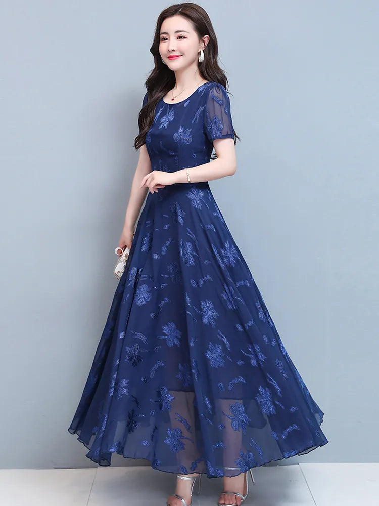 Vintage Blue Clothes For Women 2023 Maxi Dress Chiffon