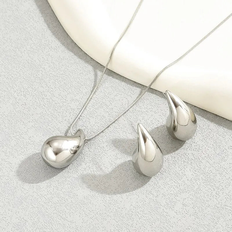 Water Drop Shape Jewelry Set 2 Pcs Necklace Stud Earrings