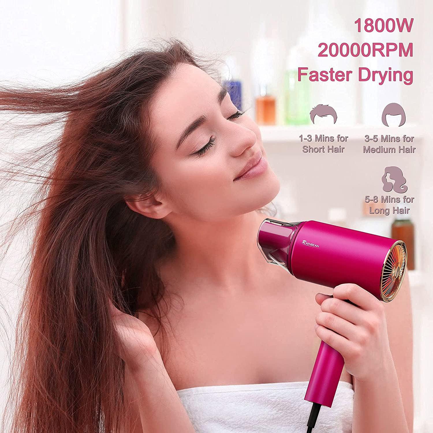 Water Ionic Hair Dryer, 1800W Blow Dryer With Magnetic Nozzle 2 Speed And 3 Heat Settings Powerful Low Noise Fast Drying Travel Hair Dryer For Home Travel-Masscheap