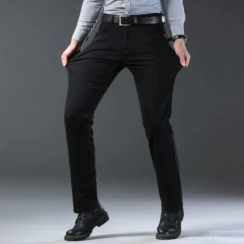 Winter Fleece Jeans men Business Casual Warm Thick Black