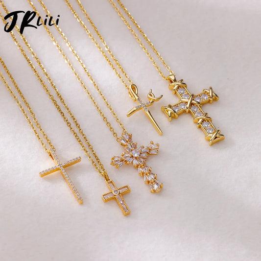 Zircon Cross Pendant Necklace for Women Gold Plated Stainless Steel Collar Necklaces 2023 Trend Christmas Jewelry free shipping-Masscheap
